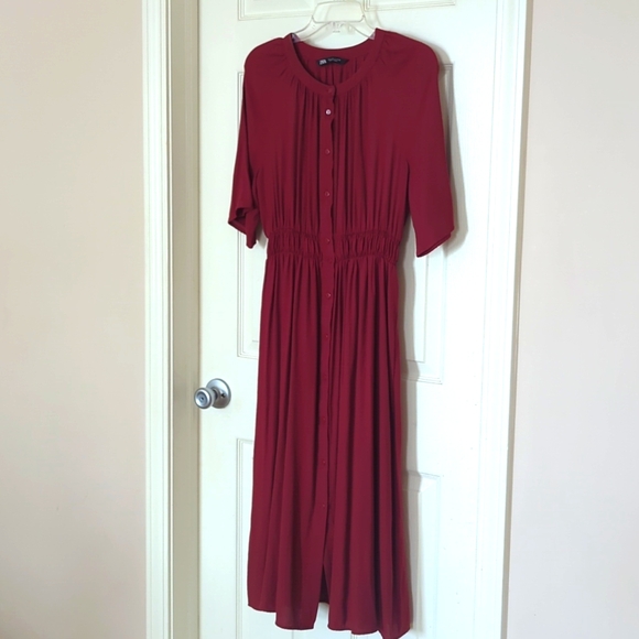ZARA CRANBERRY BUTTON FRONT ACCENT WAIST DRESS SMALL - Picture 4 of 13